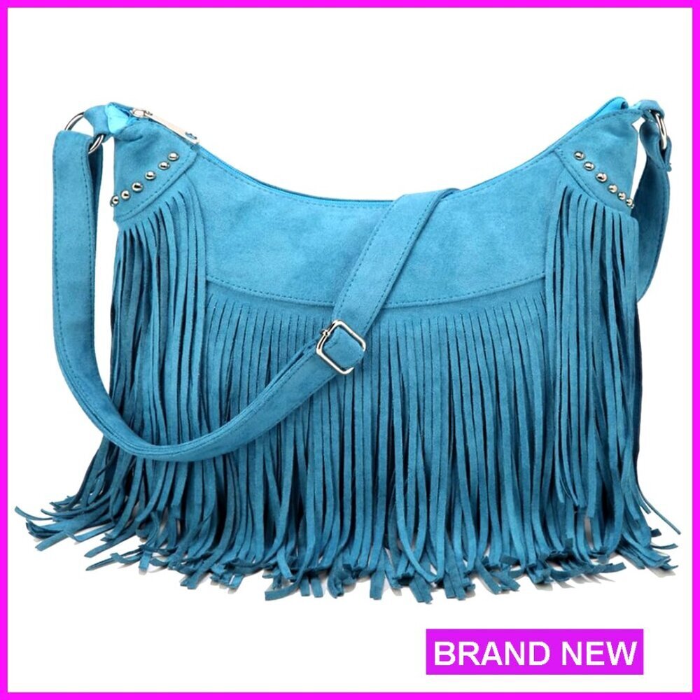 Vegan Suede Hobo Bag with Fringe Tassels Crossbody Shoulder Purse